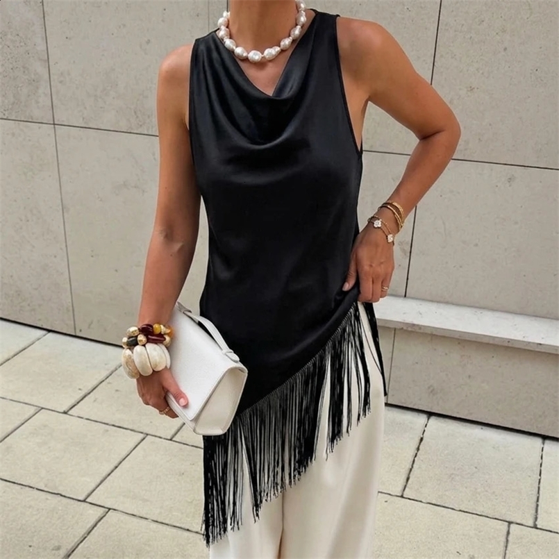 Linad Street Chic Black Satin Tassels Irregular Dress Summer Sexy Ruched Mini Dresses Women Elegant Silk Sleeveless Dress 260516BJ