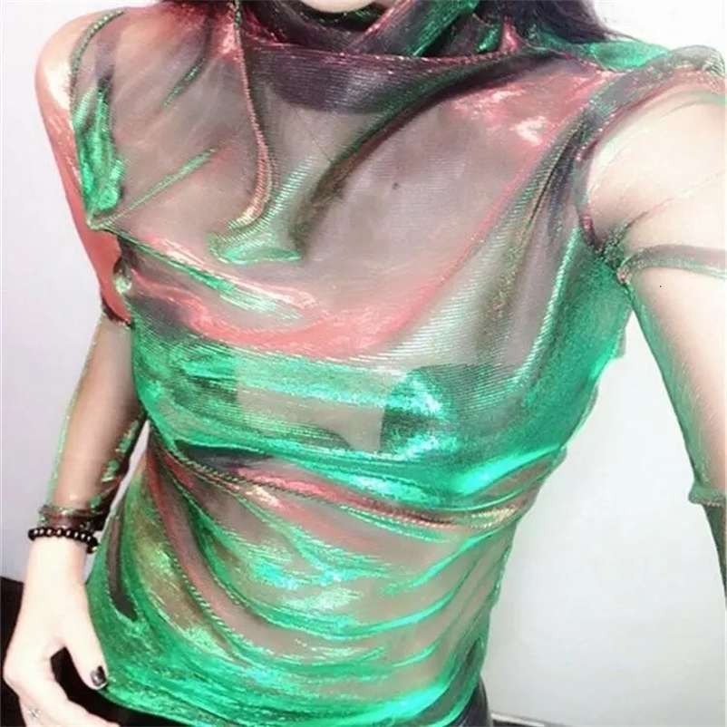 Color-changing sexy shiny elastic see-through high-neck long-sleeved bottoming shirt fashionable Mesh gauze Lace Pullover shirt 260526BJ