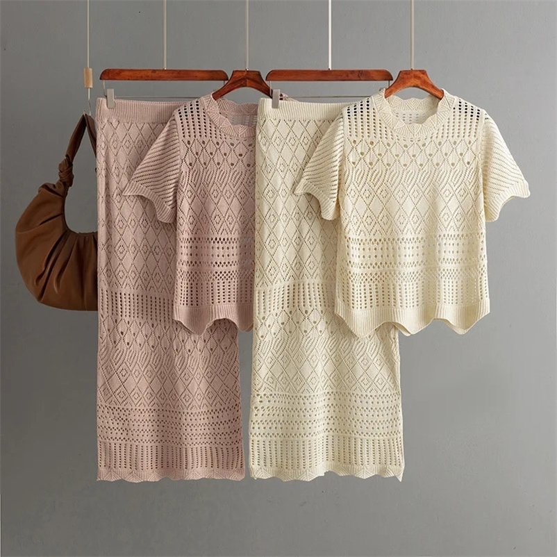 Fashion Suit Womens Summer Style Solid Color Hollow Short Sleeved Knitted Topcasual Comfortable Skirt Two-piece Set 260514BJ