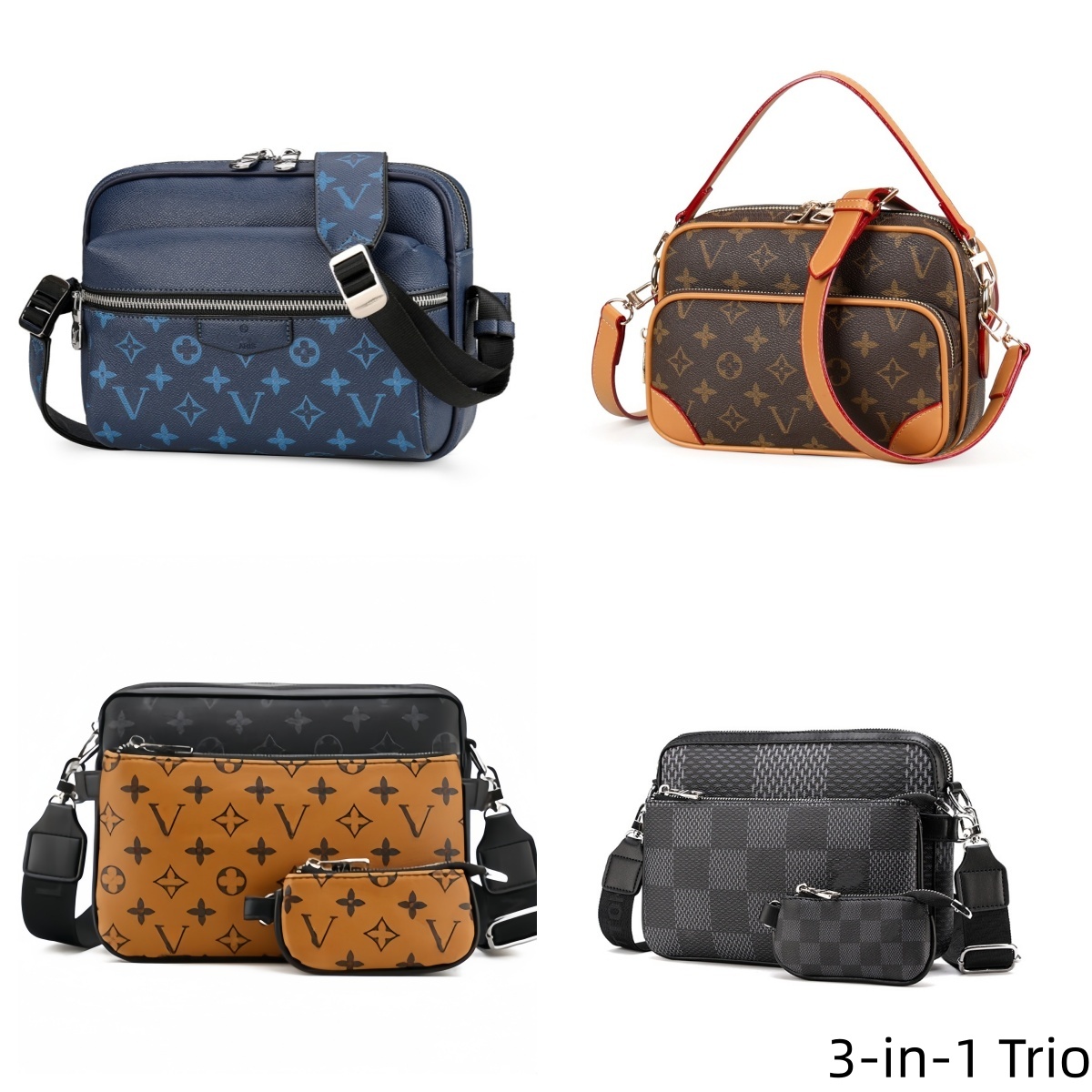 Three-in-One Men's Crossbody Bag, Three-Piece Office Bag, Retro Contrasting Patterned Canvas Shoulder Bag, Detachable Coin Pouch