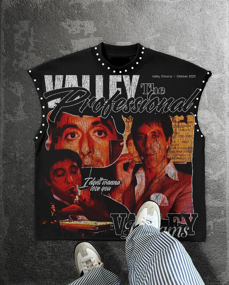 Men's T Shirts American Street Style Summer Retro Vest Mens And Womens Black Sleeveless Shirt Movie Pattern Studded Collar Tops