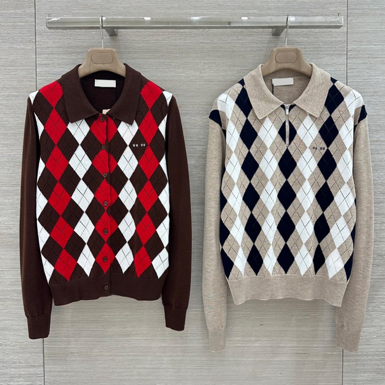 Designer Women Vintage Cardigan Sweater Polo Color Block Knitted Jumper Preppy Fall Winter Date Street Casual Pullover