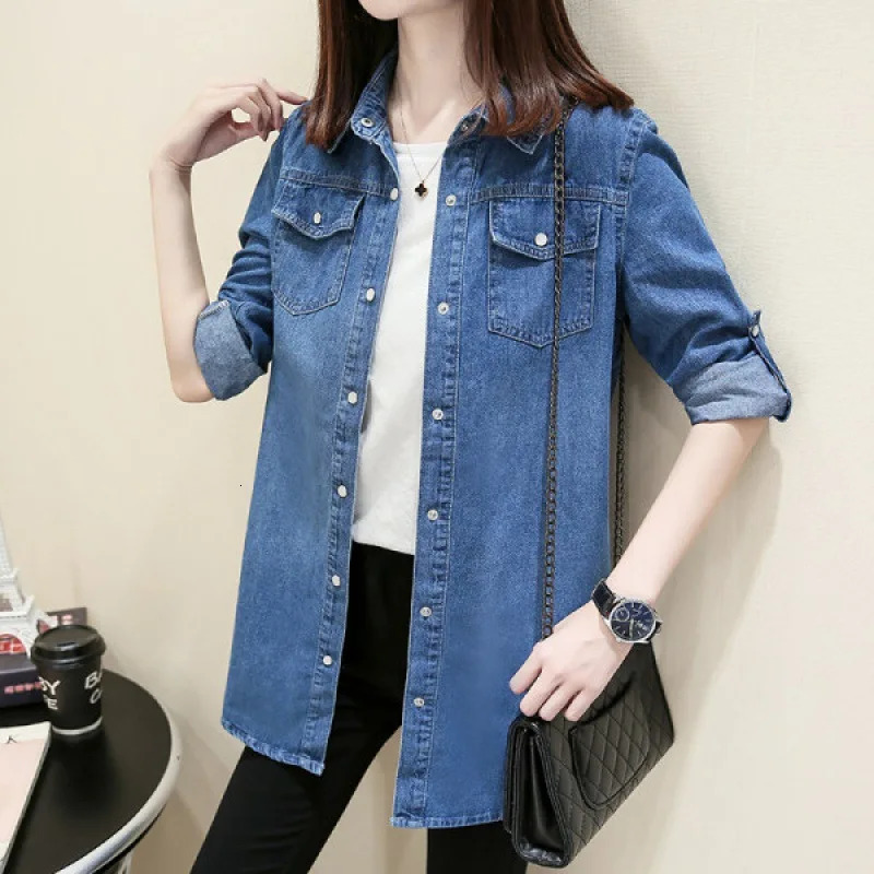 2024 Spring Autumn Denim Shirt Women Fashion Jeans Cotton Long Sleeve Korean Slim Blouses Ladies Lapel Collar 260730