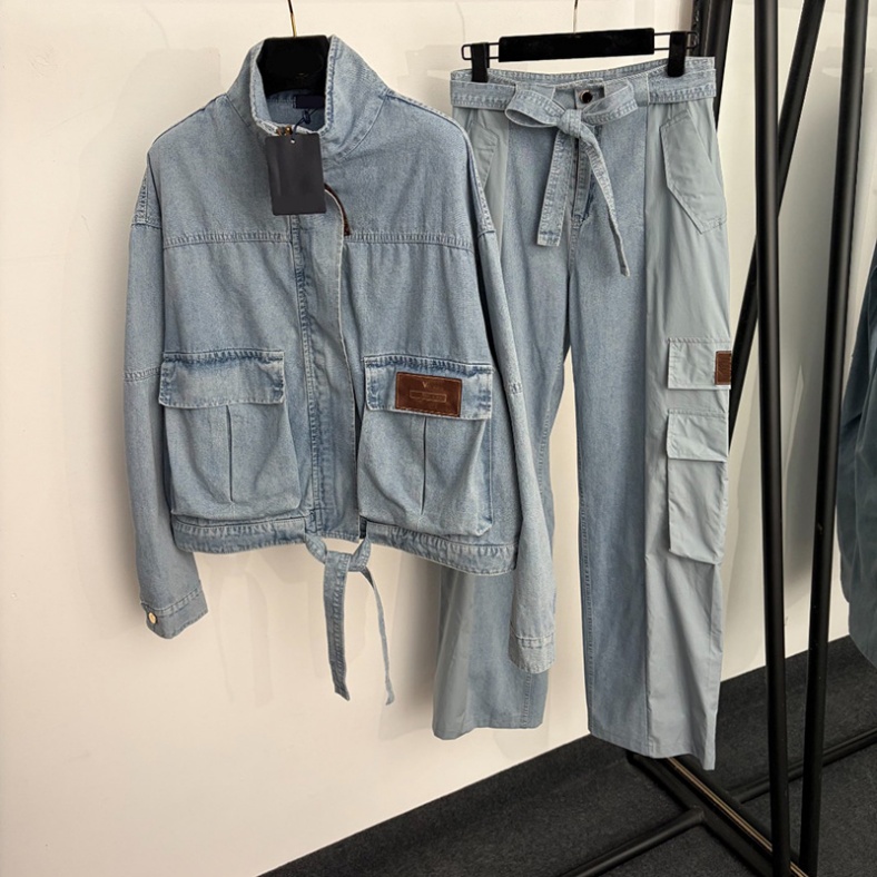 Denim Washed Retro Pant Set For Women Stand Collar Cargo Windproof Street Pockets Jacket Autumn Straight Bowknot Bandage Versatile Jeans