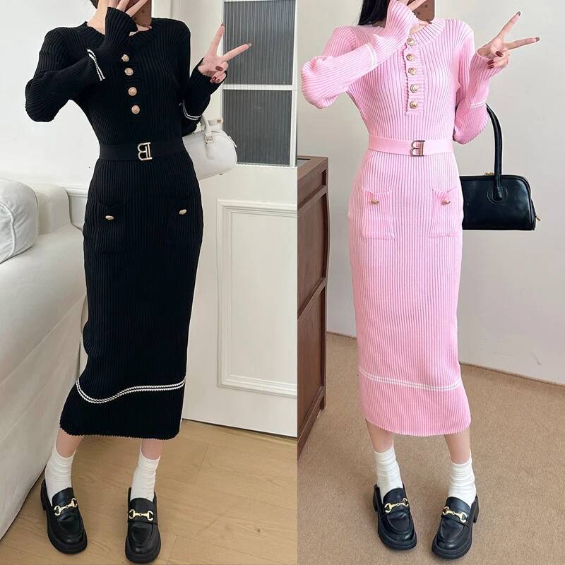 Designer Fashion Yuoomuoo 2025 Autumn Winter Women Knitted Brand Fashion O-Neck Buttons Bodycon Sweater With Belt Lady Office Dress