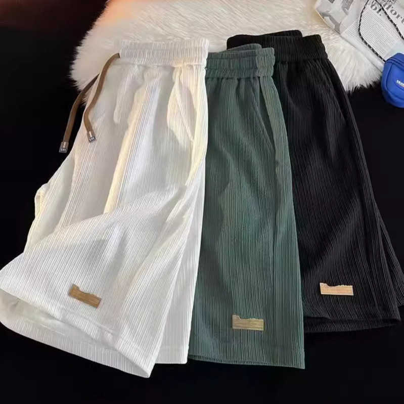 Plus Size Wrinkled Ice Silk Shorts for Men Summer Thin Quick-Dry Beach Shorts Loose Fit Sports Casual Five-Point Mid-Length Shorts S260804ISJT