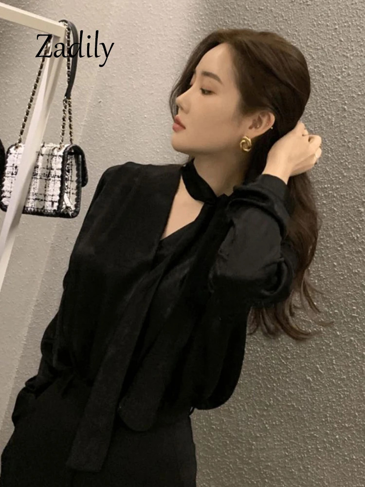 Zadily 2026 Summer Office Lady Long Sleeve Women Satin Blouse Korea Style V Neck Bandage Woman Shirt Female Clothing Tops 260805