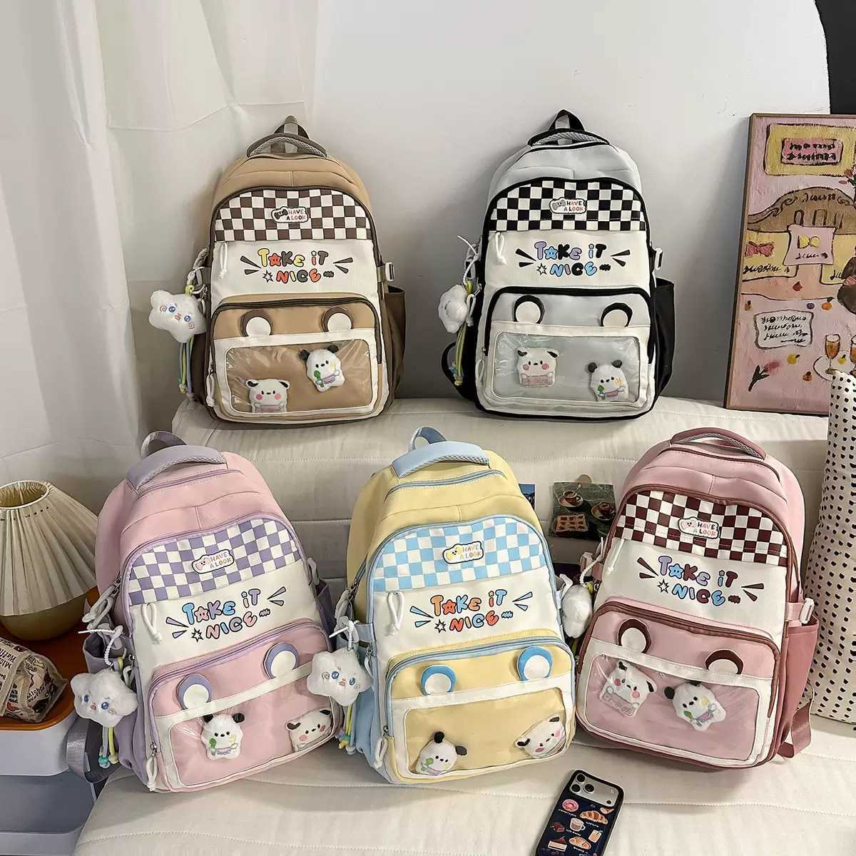 Korean-style ins cartoon cute printed backpack for women versatile plaid bag casual student school bag L26720