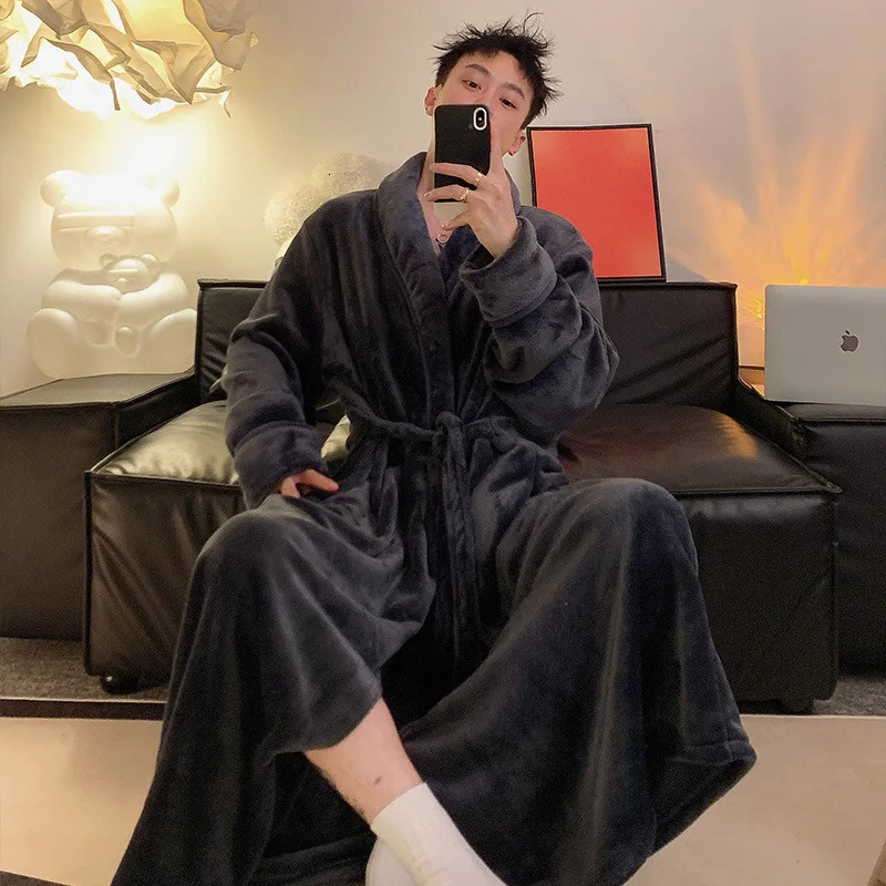 Large Size 150kg Men's Bathrobe Pajamas Winter Thickened Collar Fleece Long el Nightgown Shawl Sleepwear Long Spa Robe 260805