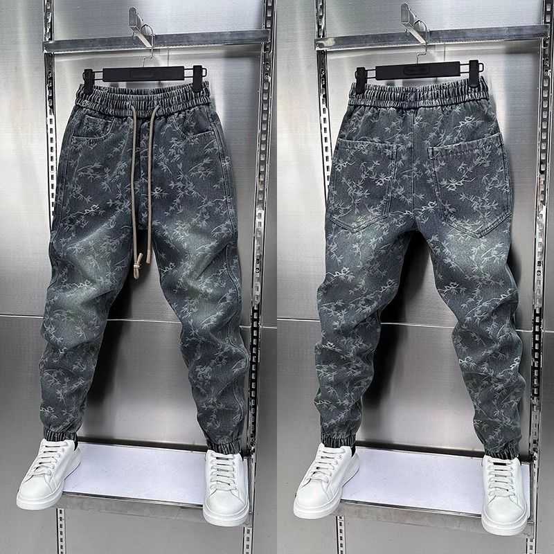 2025 Summer Men's Jacquard Jeans Washed Patchwork Jogger Pants Trendy Casual Pants with Elastic Waist S260804G4ML