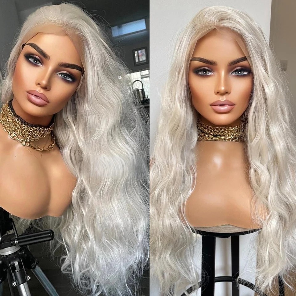 Platinum Blonde Lace Front Wigs for Women 13x4 Long Loose Wave Synthetic Hair Heat Resistant Natural Hairline Preplucked Layered Middle Part Wig Glu