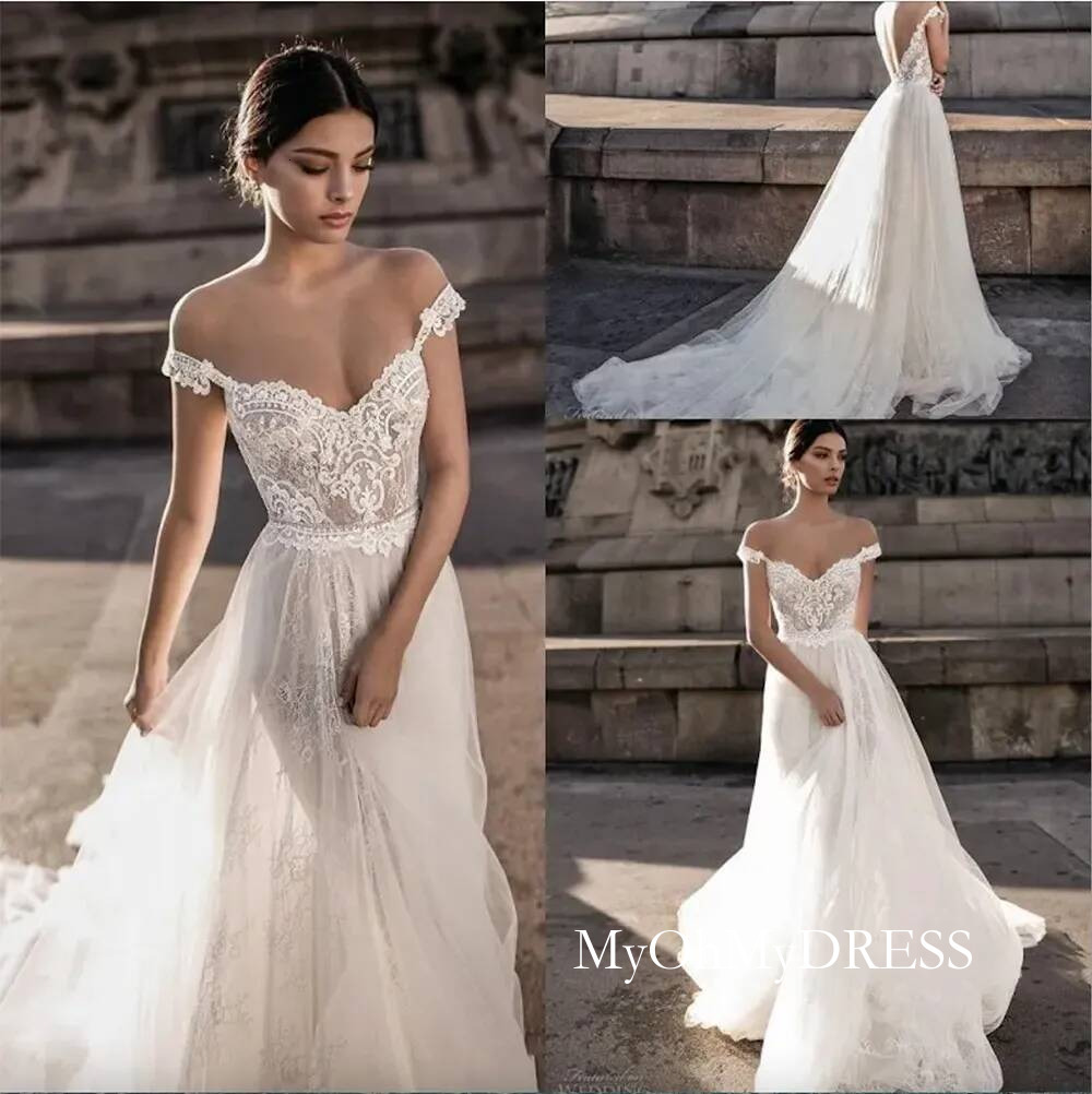 A Line Wedding Sheer Bohemian Dresses 2023 Off Shoulder Lace Applique Romantic Tulle Court Train Backless Bridal Gowns Custom Boho Y84