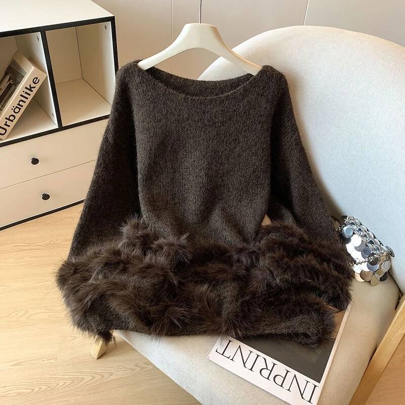MEXZT Faux Fur Patchwork Sweater Women Korean Fashion Long Sleeve Knitted Pullovers Designer Fashion Winter Elegant Knitwear Ladies Loose Jumpers