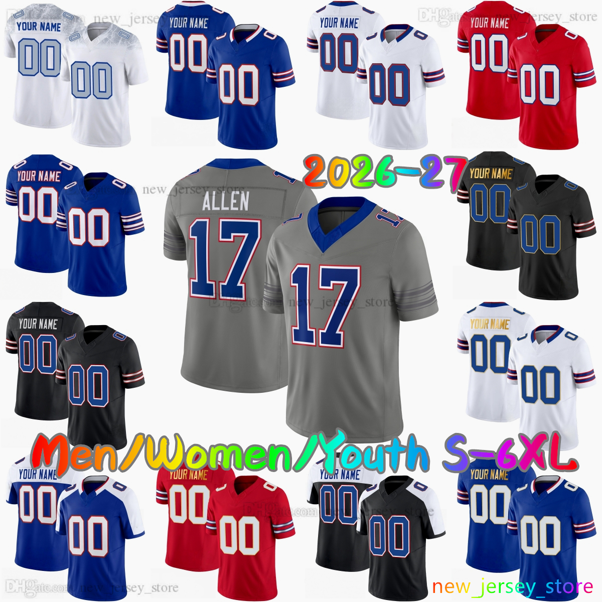 2026-27 Custom 17 Josh Allen Football Jersey 15 Greg Rousseau 73 Dion Dawkins 91 Ed Oliver 2 DJ Moore 86 Dalton Kincaid 4 James Cook III 8 Terrel Be