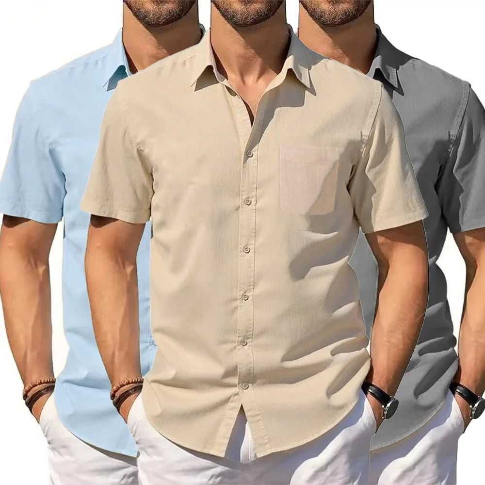 Men's Cotton Linen Shirt Summer Short Sleeve Button Up Hawaiian Lightweight Shirts Vacation Casual Lapel Collar Tops Z260805