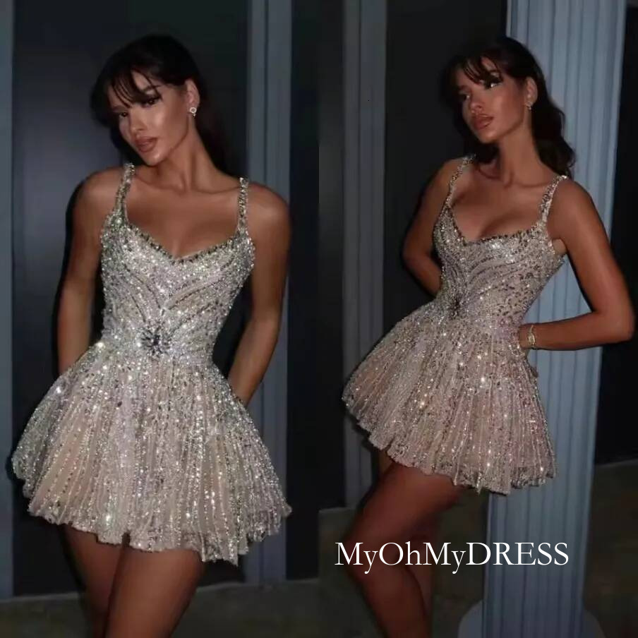 Charming Sequined Short Cocktail Evening Party Dresses Sexy Spaghetti Strap A Line V Neck Mini Prom Gala Dress Customized M23 Y84
