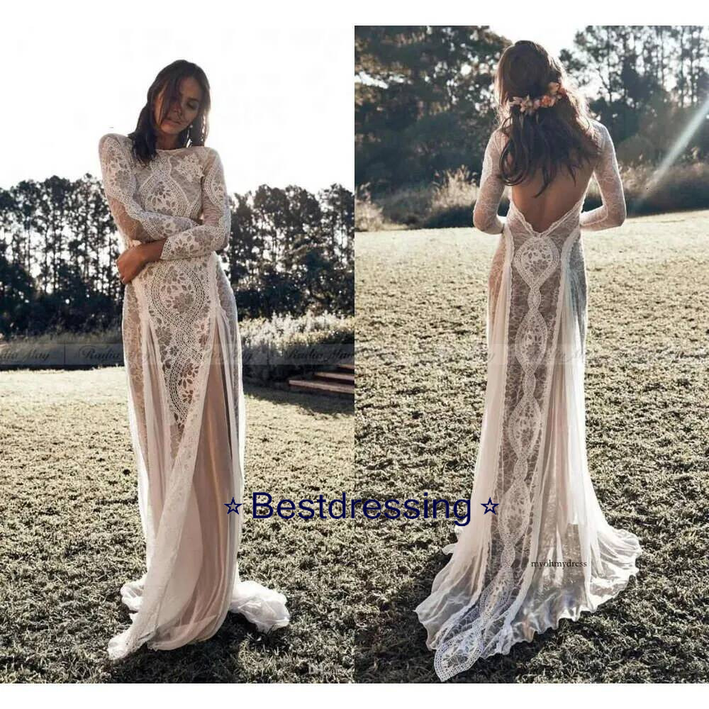 2021 Vintage Lace Boho Beach Dresses Long Sleeve Applique Backless Country Style Bohemian Wedding Dress Bridal Gowns Hippie Gypsy Vestido 0509 Bd84