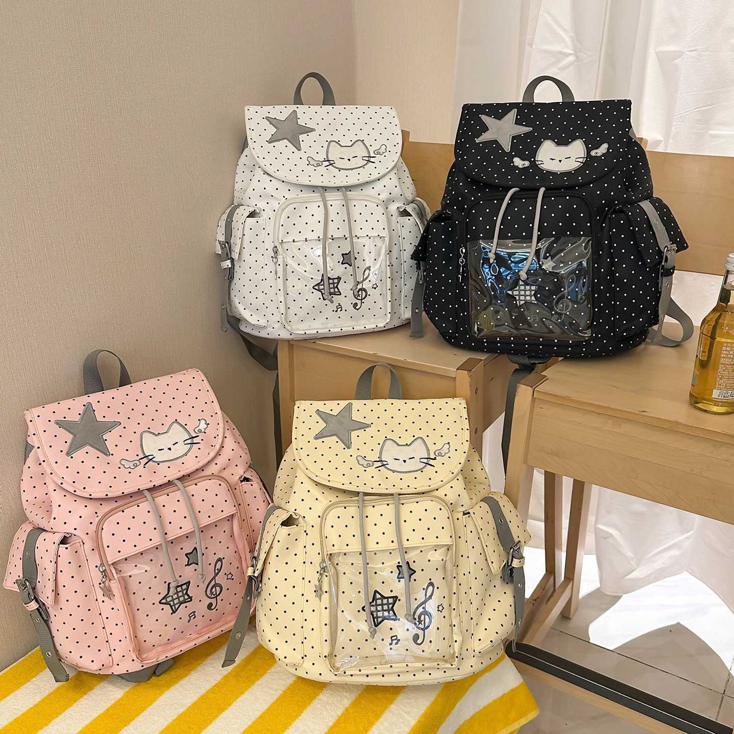 Korean-style ins cartoon angel kitten backpack for women cute music note polka dot badge bag versatile backpack L26720
