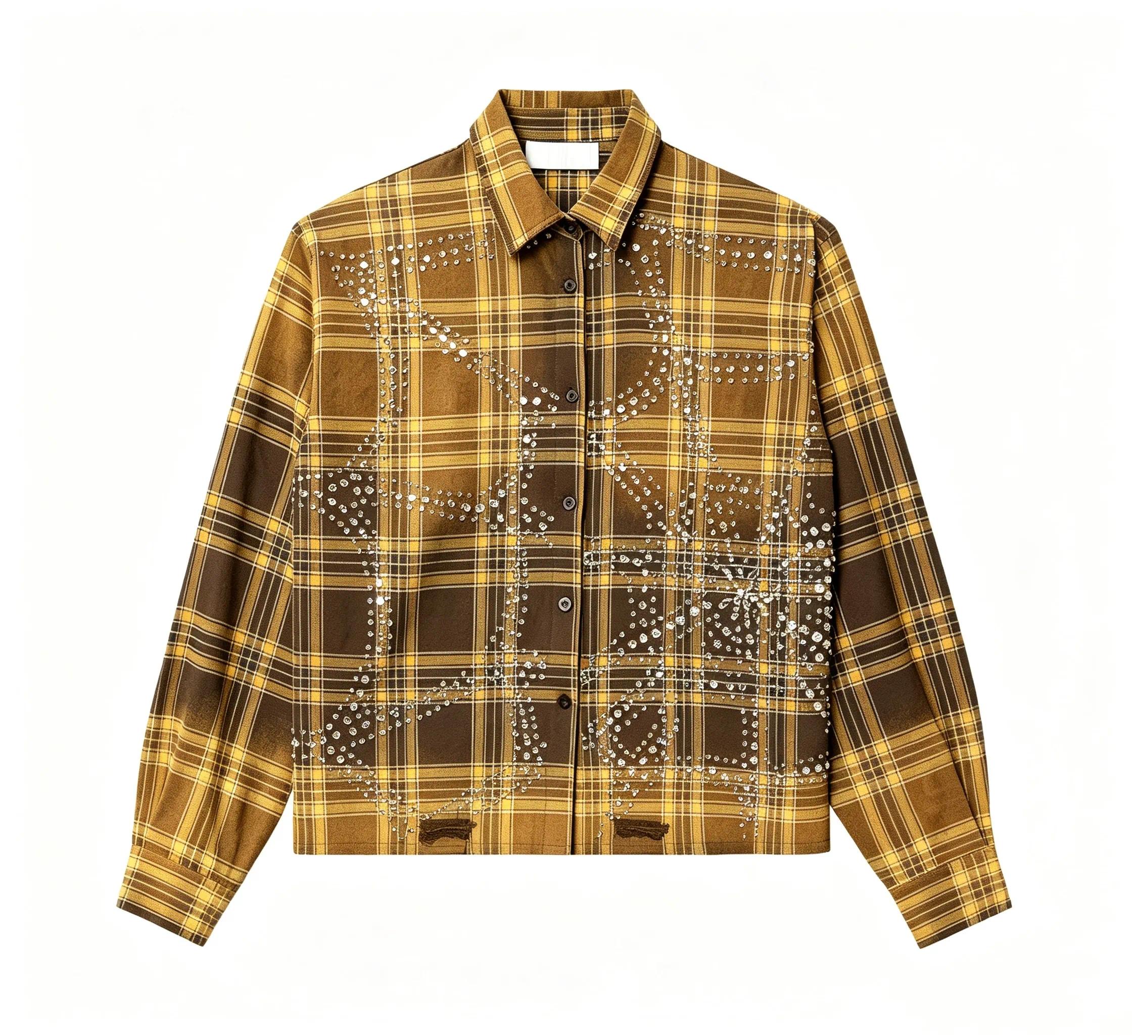 Men's Casual Shirts Faded Red Plaid Button Dn Shirt 3D Rhinone Star Print Cropped Casual Retro Flannel Shket Unisex L261014a