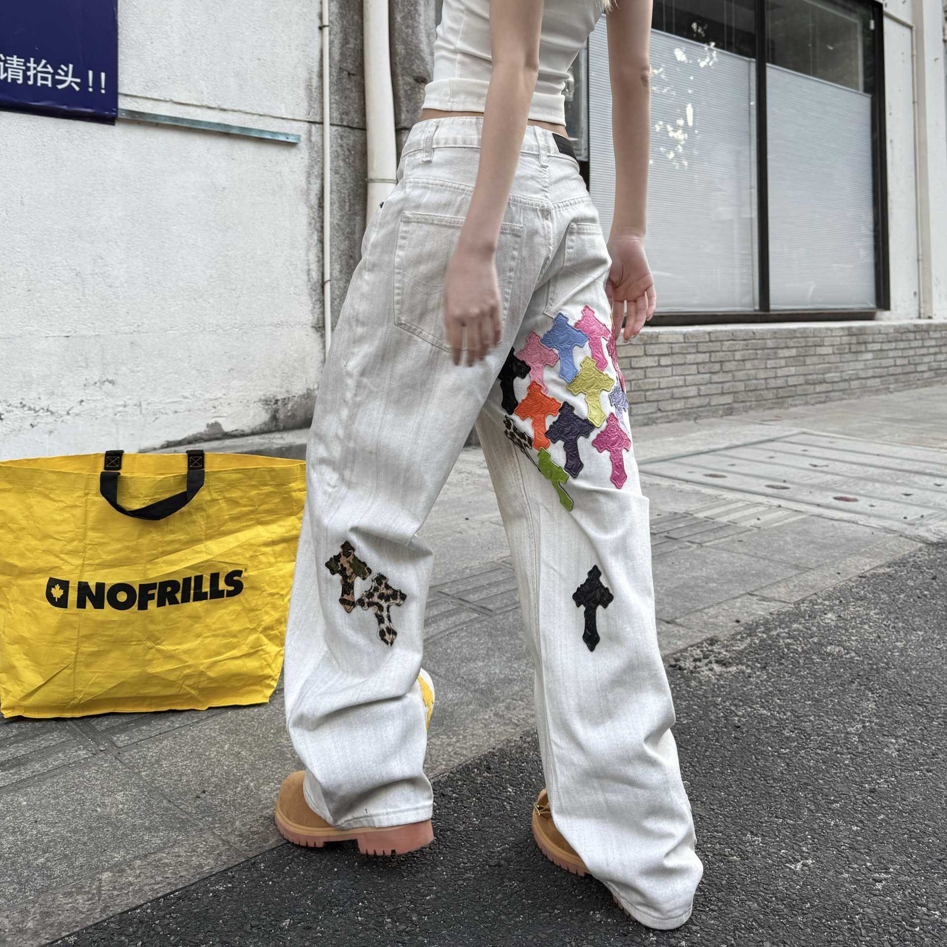 New Chrome Jeans for Men Dopamine Cross Patchwork Straight Wide-Leg Pants Couple's Trendy Jeans S2608047SNG