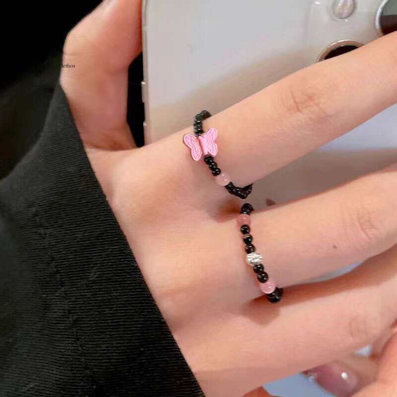 Black Beaded Butterfly for Women, Light Luxury High-End Set, Sweet Cool Style Fashion Personality Ring Trend