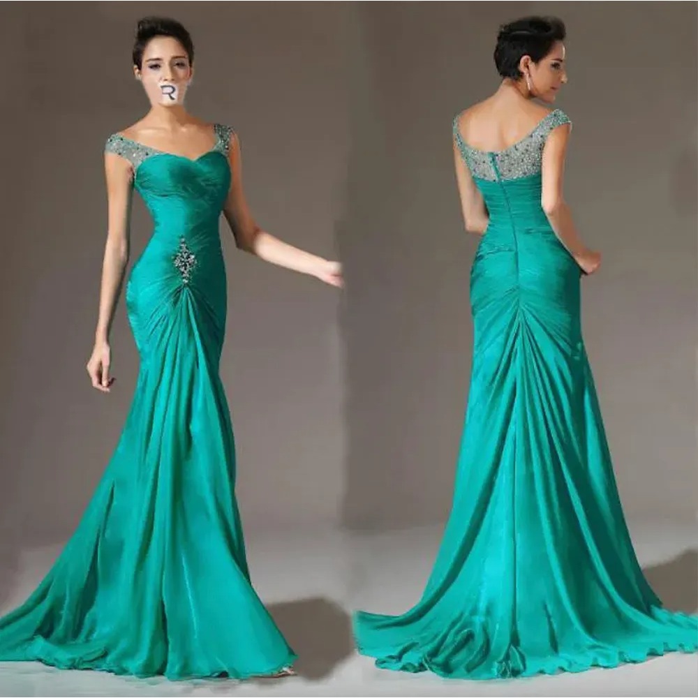 Emerald Green Off the Shoulder Mermaid Evening Dress Sweetheart Neck Rhinestone Beaded Ruched Satin Long Train Formal Party Prom Guest Gowns For Wom