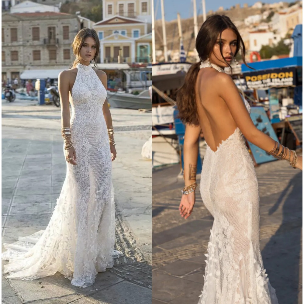 Halter Neck Open Back Mermaid Wedding Dress 3D Floral Lace Appliques Sheer Bridal Gown With Train Boho Beach Custom Made Plus Size Ivory