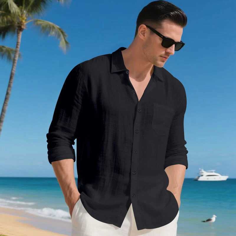 Men's 1-piece linen button-down long-sleeved shirt with collar and pocket - a loose casual and breathable top. Z260805