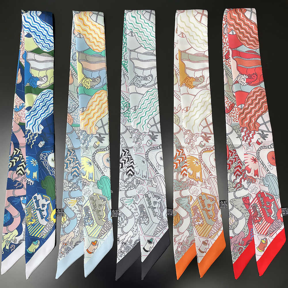 Korean-style spring new arrival Underwater World twill silk women's decorative ribbon for wrapping bags silk scarf and small neck scarf L260804