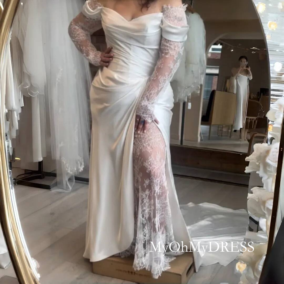 Off Shoulder Boho Mermaid Wedding Dress Illusion Side Slit Satin Simple Plus Size Bridal Gowns Long Sexy Beach Bride Dresses Back Lace Up Y84