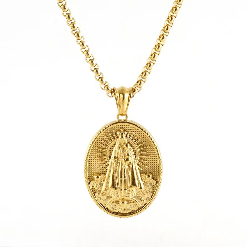 18K Gold Plated Virgin Mary Oval Medal Pendant Necklace, Religious Icon Stainless Steel Box Chain Necklace, Vintage Faith Protection Unisex Daily Pr