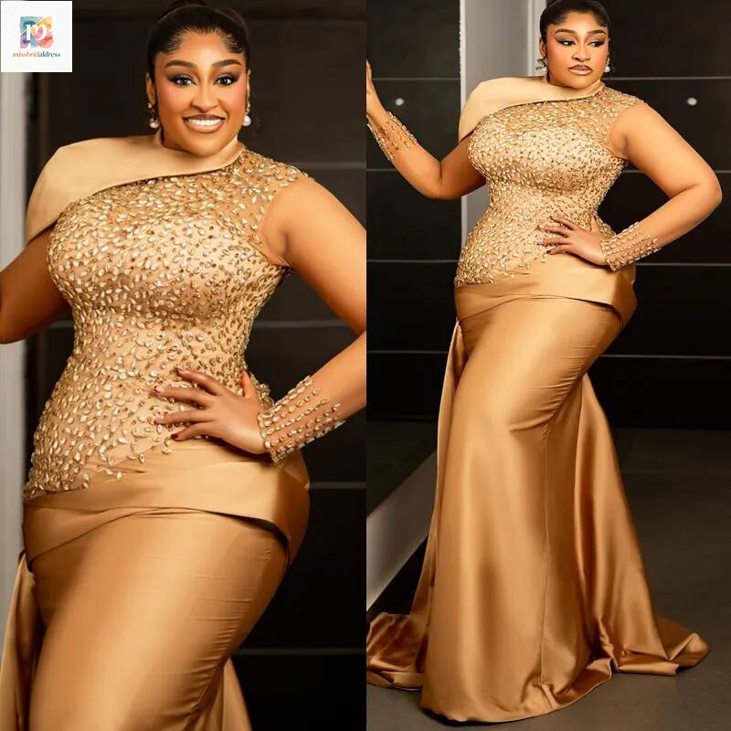 Plus Size Champagne Mermaid Prom 2026 Evening Dresses Crystals Party Dress Sequined Lace Formal For Black Women Birthday Gowns Am3756 Mb84