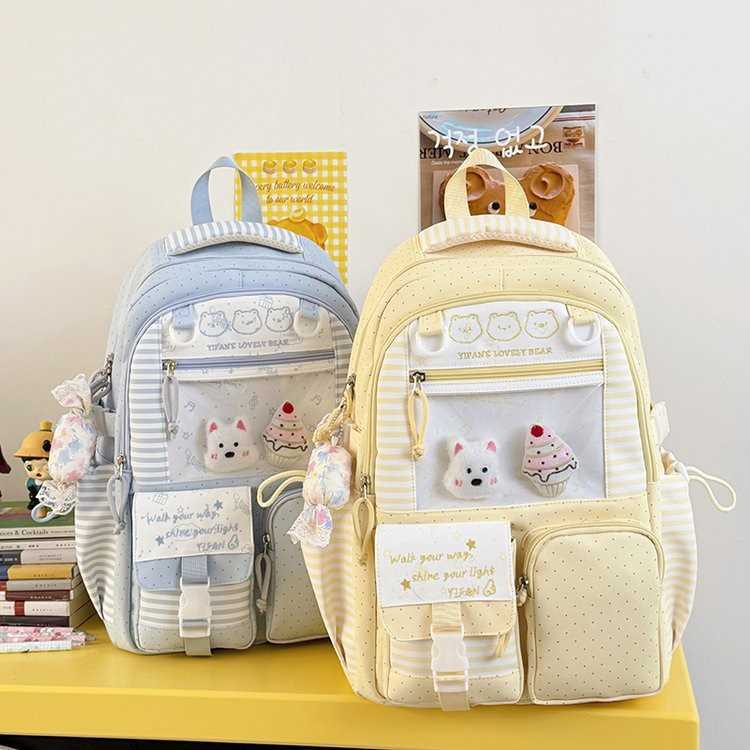 Korean-style cartoon bear striped backpack for women large-capacity polka dot anime-style casual student school bag L26720