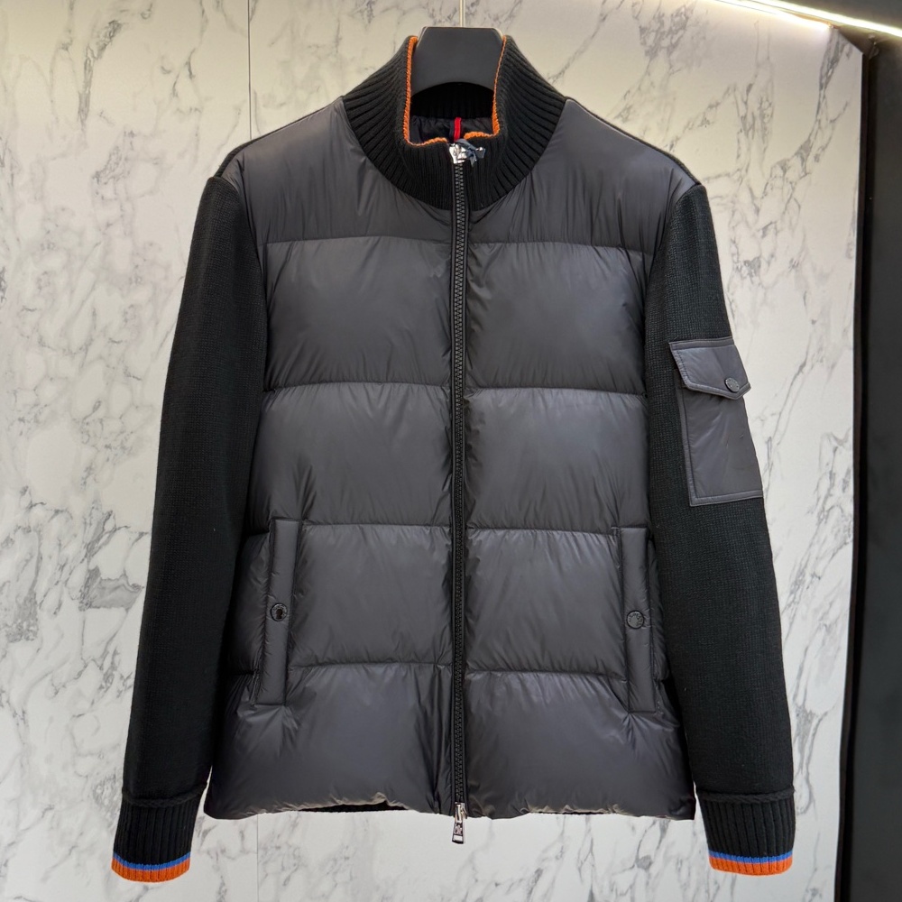 Black Insulated Knit Coat Men Wool Blend Down Front Zip Quilted Stand Collar