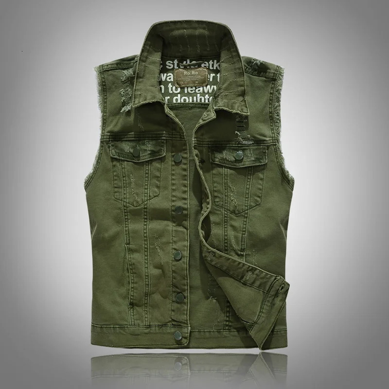 vests Slim Fit Cowboy Male Jacket Vest Ripped Denim Vest Men's Jacket Sleeveless Casual Waistcoat Mens Jean Coat Green 260803