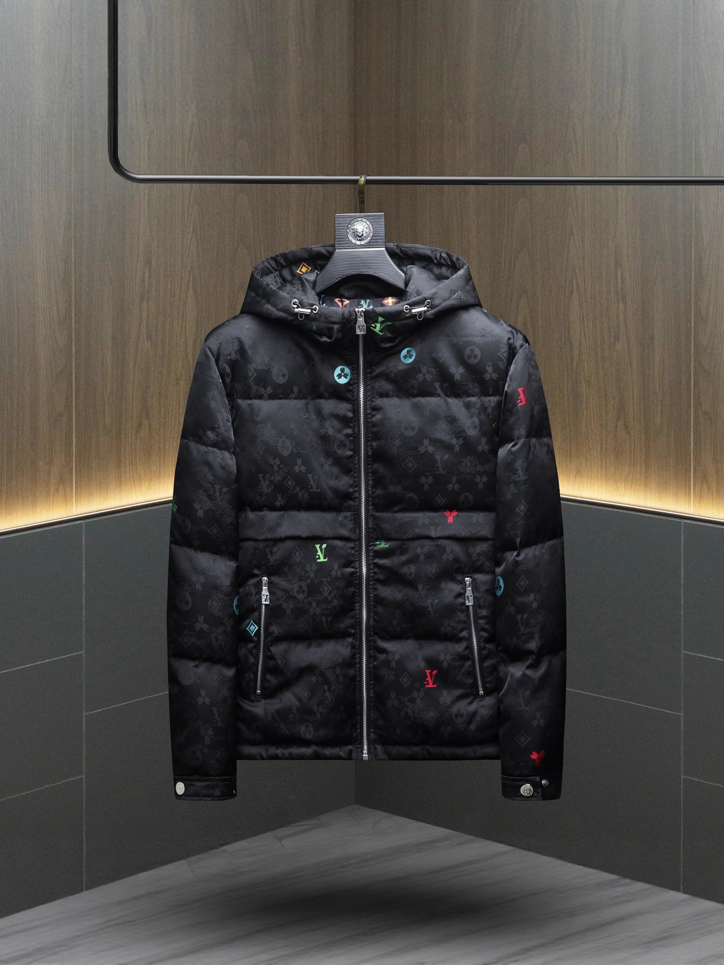 Men's Down Jacket, Preppy Quilted Winter Coat with Hood, 90% White Duck Down Filling, Tie-Dye Pattern, Loose Fit, Detachable Lower Edge, Zipper and