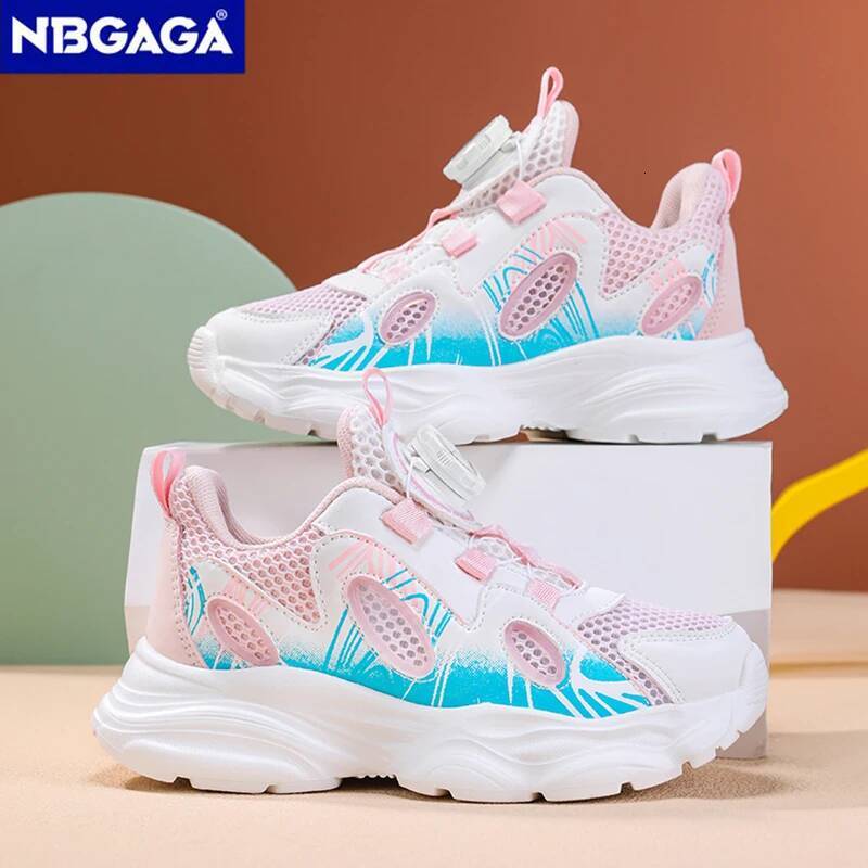 Summer Breathable Childrens Casual for Girls Rotating Button Sports Running Shoes Outdoor Fashion Flat Walking Sneakers 26Y0805