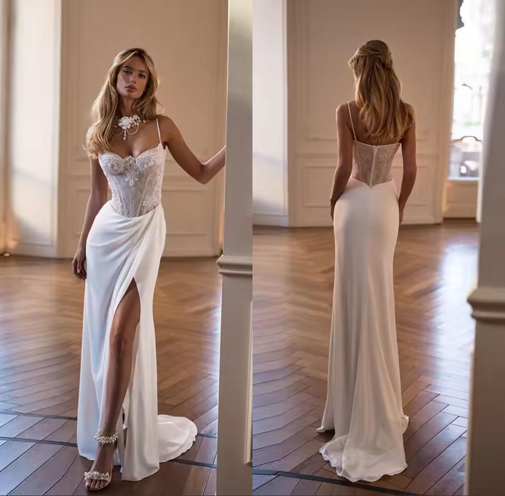 Romance Lace Beach Mermaid Wedding Dresses Strapless Corset Boning Bride Gown With High Slit Illusion Flowy Chiffon Sweep Train vestidos de novia Cu