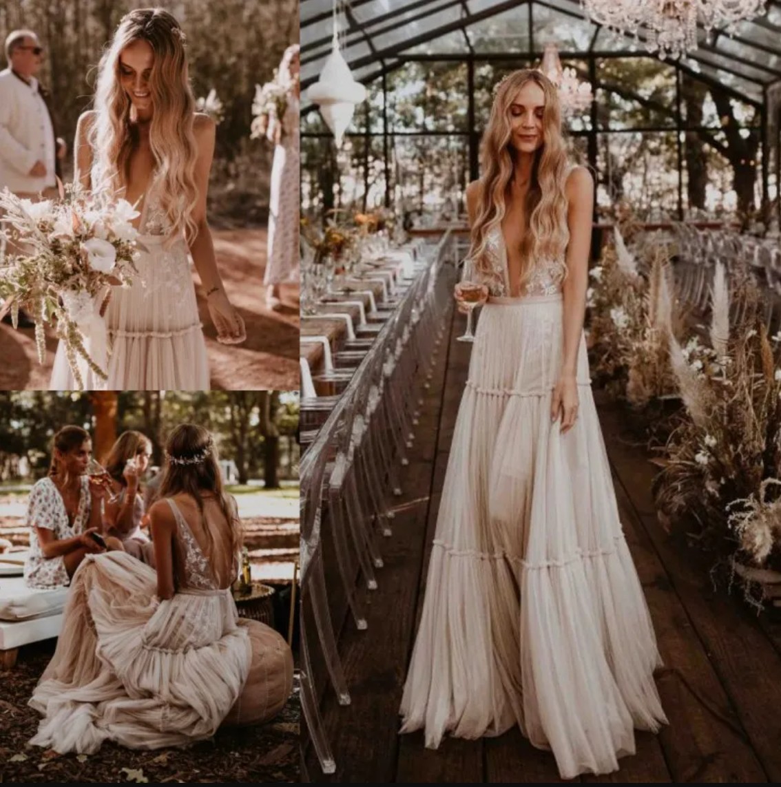 Fabulous Lace Boho Backless Wedding Dresses A Line sheer illusion applique Deep V Neck Beach Bridal Gowns Tulle Floor Length Bohemian vestido de nov