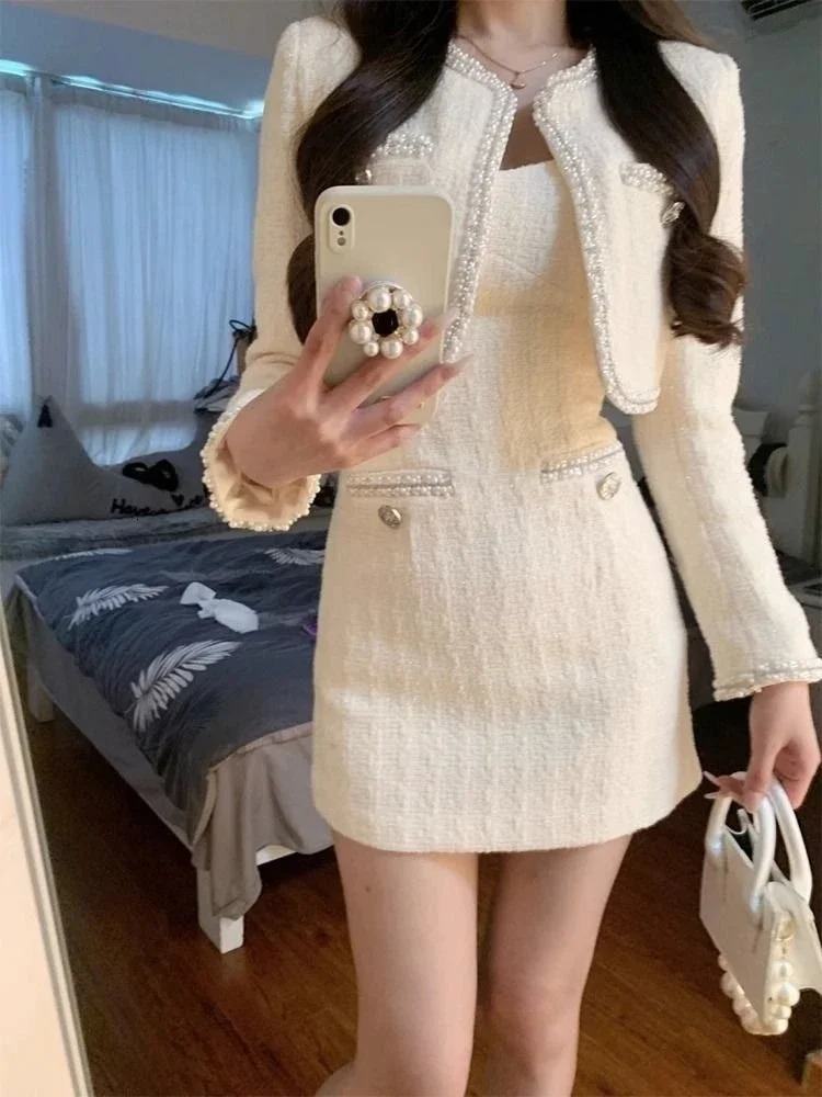 Elegant Fashion O-neck Long Sleeve Coat Women Sexy Slim Waist Bodycon Camisole Dresses 2026 Early Autumn Two Piece Sets 260805