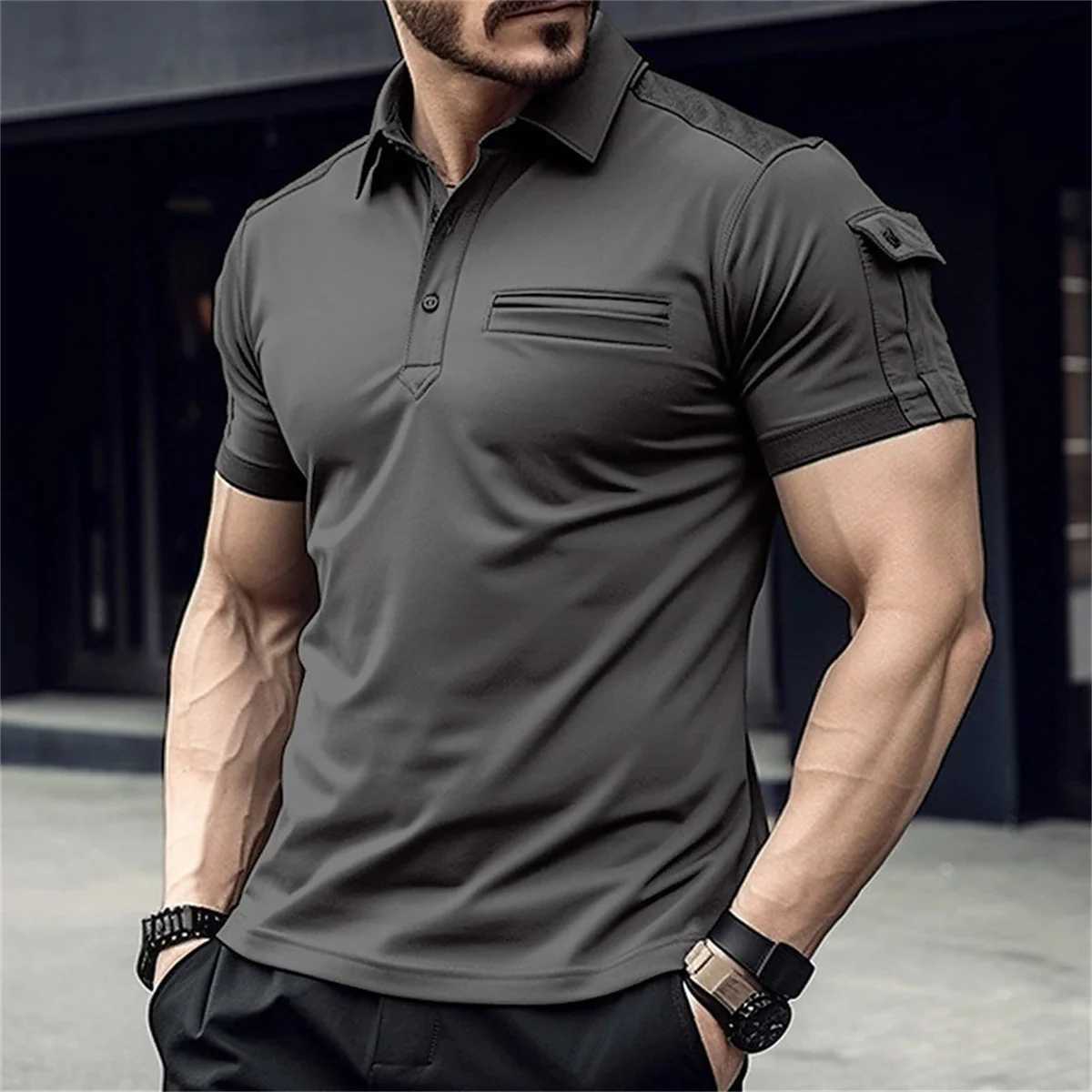 Men's Summer solid color Daily casual cargo Style Stitching Arm Pocket Design slim lapel short-Sleeved muscle Sports Polo shirt Z260805