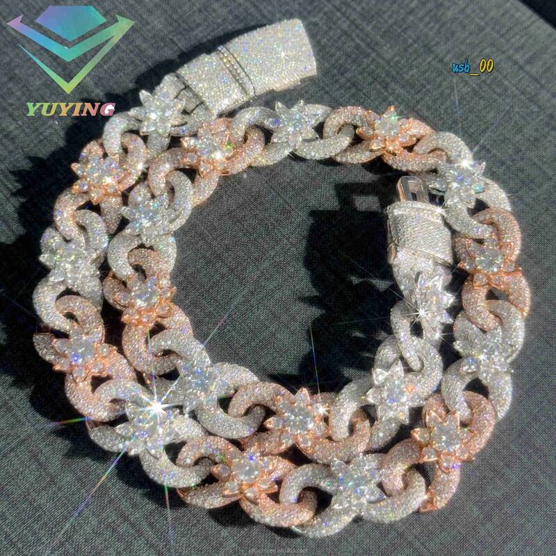 Luxury Flower 15mm S925 D Vvs Diamond Hip Hop Jewelry Two Tone Colors Infinite Cuban Moissanite Chain