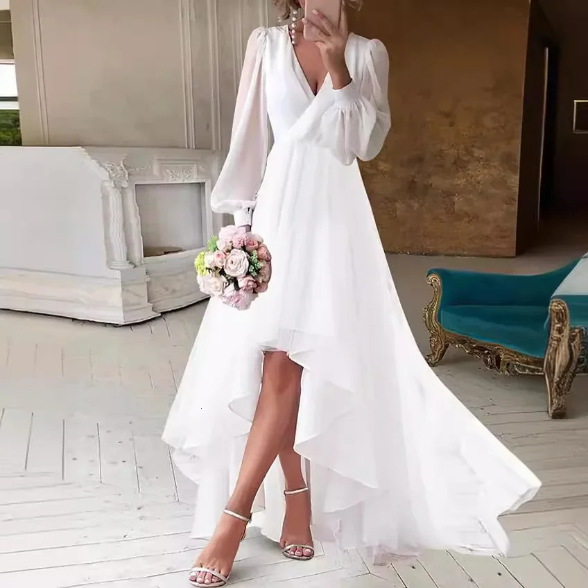 Women Chiffon Dress Balloon Sleeve Silhouette High Low Hem V-neck Elegant White Mesh Slim Fit Wedding Party Holiday Beach 260805