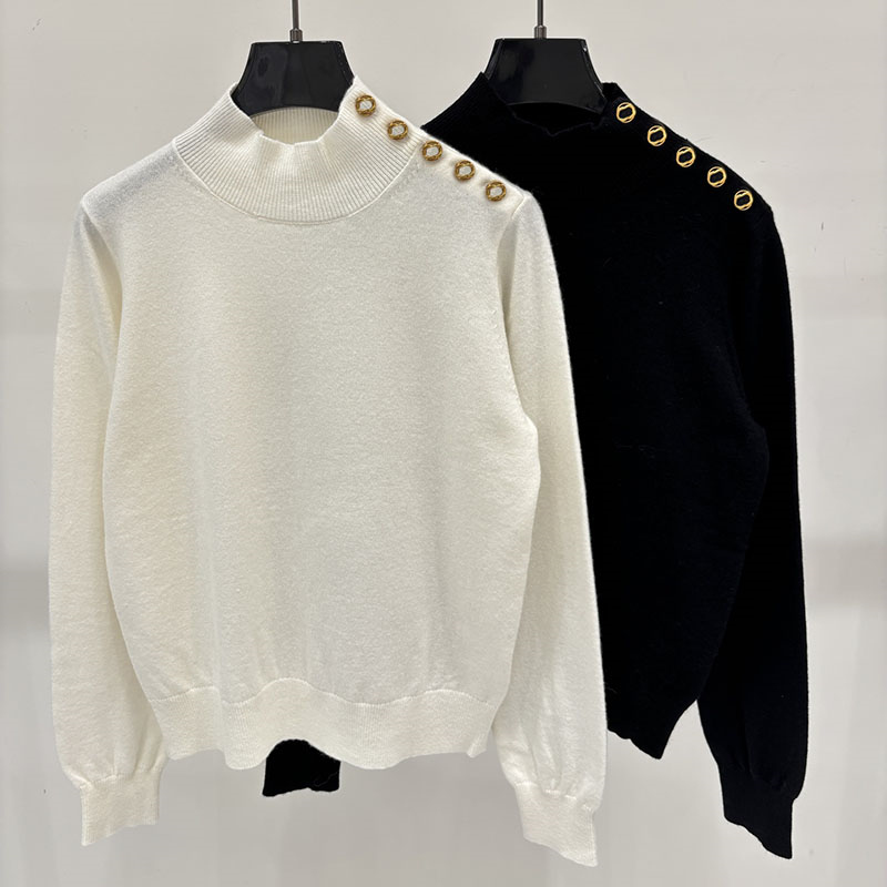 Designer Women Minimalist Knit Sweater Long Sleeve Letter Metal Button Top Spring Autumn Elegant Office School Daily Wear