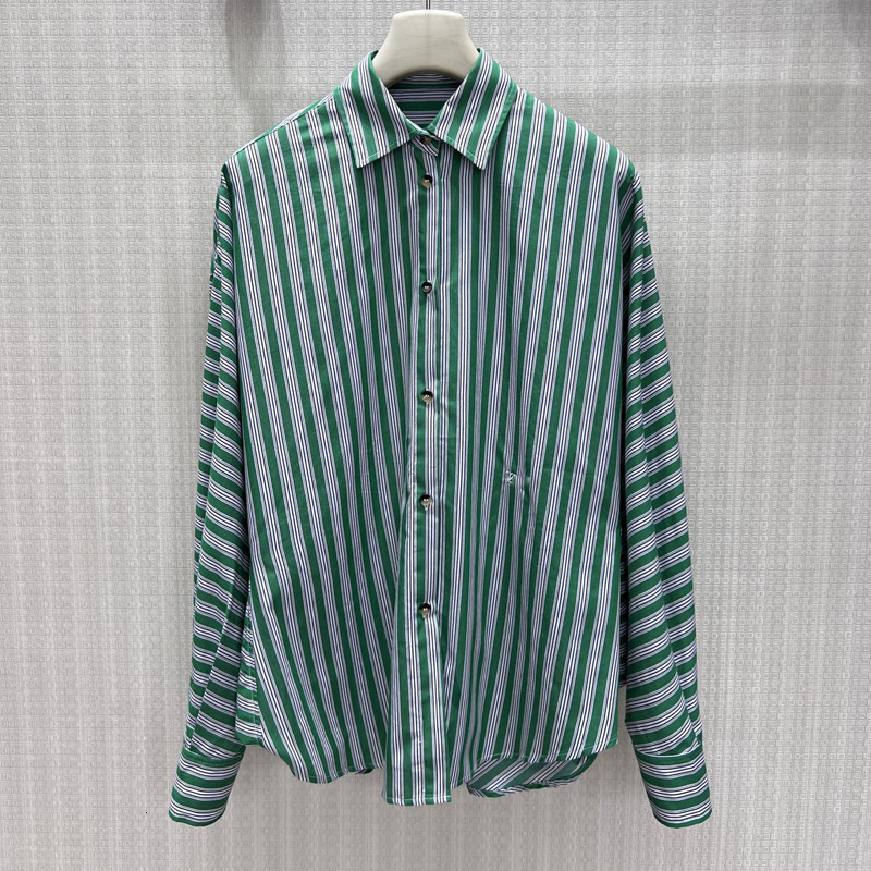 Designer Retro Green And White Striped Women, Loose Fit, Slimming, Casual Style, Turn-Down Collar, Long Sleeve Shirt For Early Autumn Zc6369 7bfe