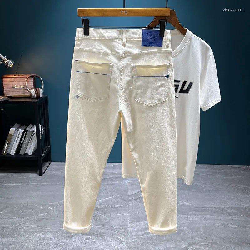 Men's Jeans Elegant Embroidered Slim Fit Elastic Casual Youth Long Pants High Waist Khaki Trendy Versatile Loose Style