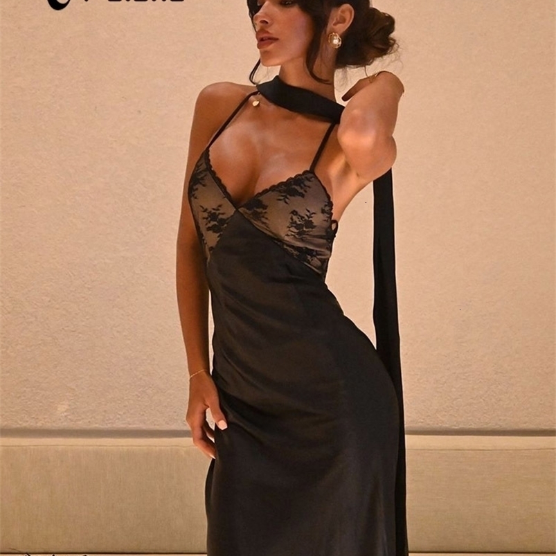 CNYISHE Lace Patchwork Backless Camisole Women Dresses Sleeveless V Neck Outfits Sexy Club Fashion Solid Female Vestidos Robes 260730