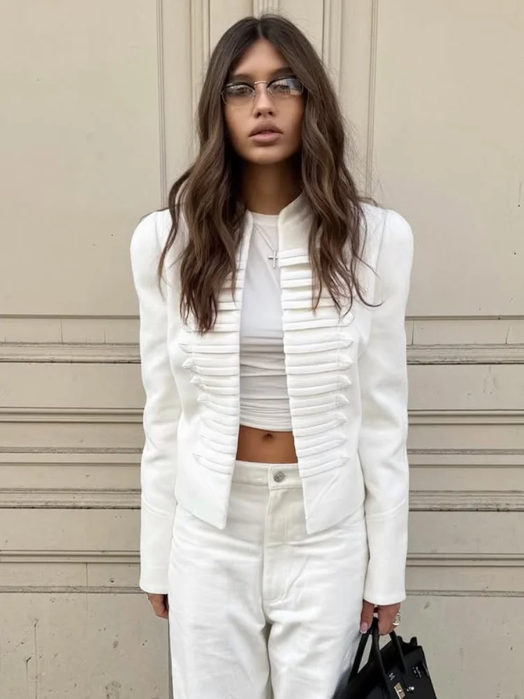 2026 Spring Stand Collar Napoleon Short Jacket For Women Elegant Y2K Long Sleeve Cropped Coats Female Chic Street Outerwear 260731