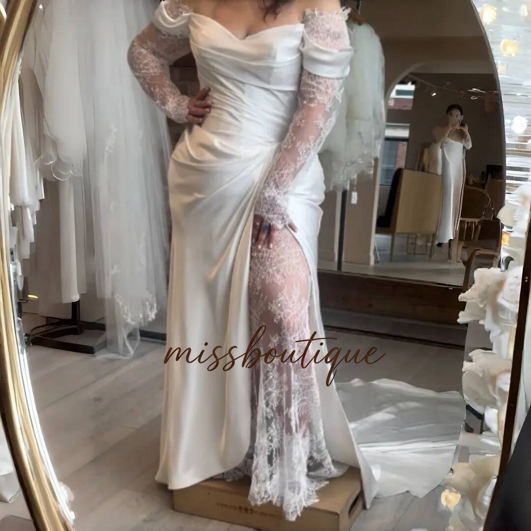 Off Shoulder Boho Mermaid Wedding Dress Illusion Side Slit Satin Simple Plus Size Bridal Gowns Long Sexy Beach Bride Dresses Back Lace Up Q84