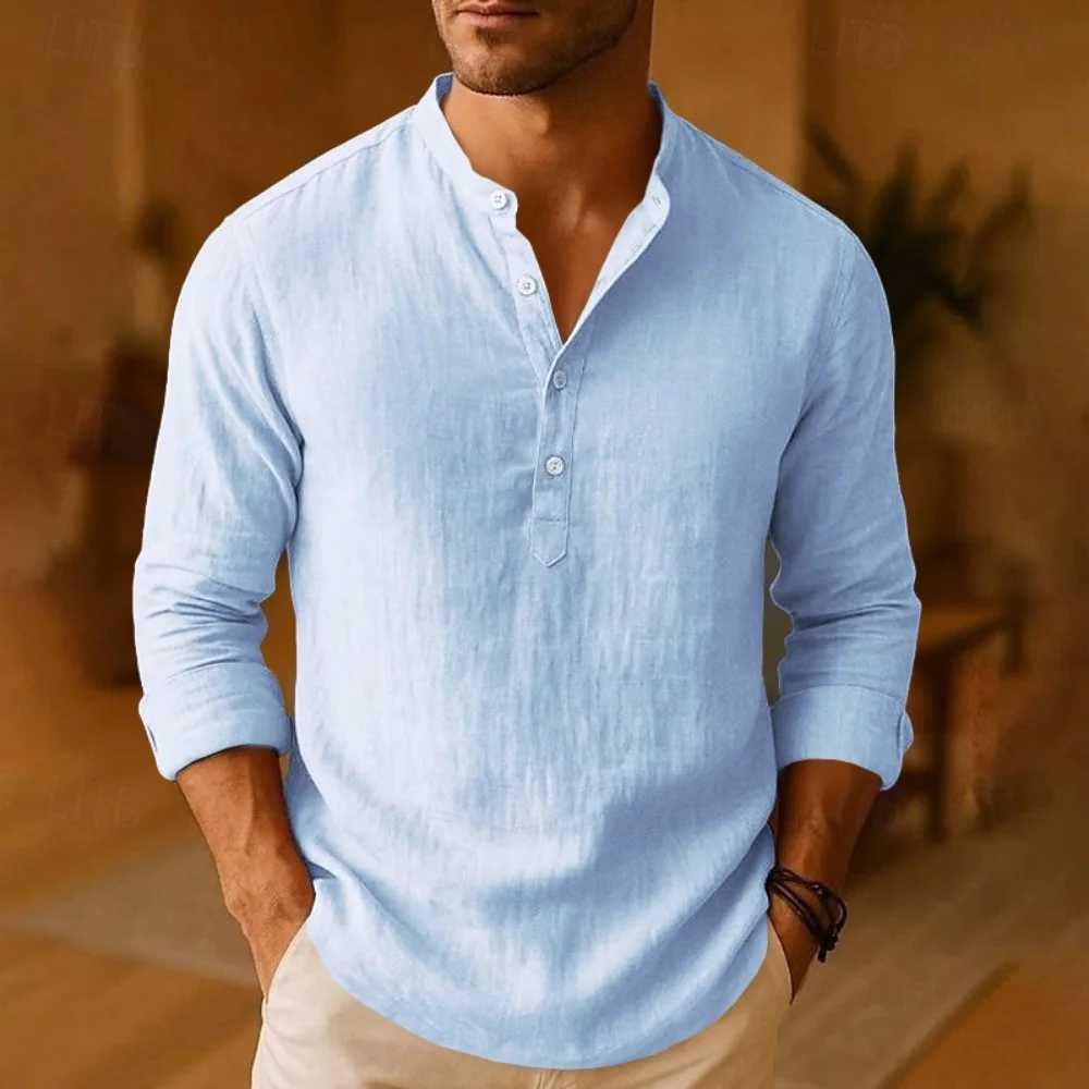 New Men Casual Shirts Lightweight Long Sleeve Henley Cotton Shirts for Beach Linen Shirts Hawaiian Breathable Collar Tops Z260805